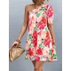 Flower Print Split-Joint A-Line Bishop Sleeve One-Shoulder Mini Dresses