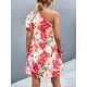 Flower Print Split-Joint A-Line Bishop Sleeve One-Shoulder Mini Dresses