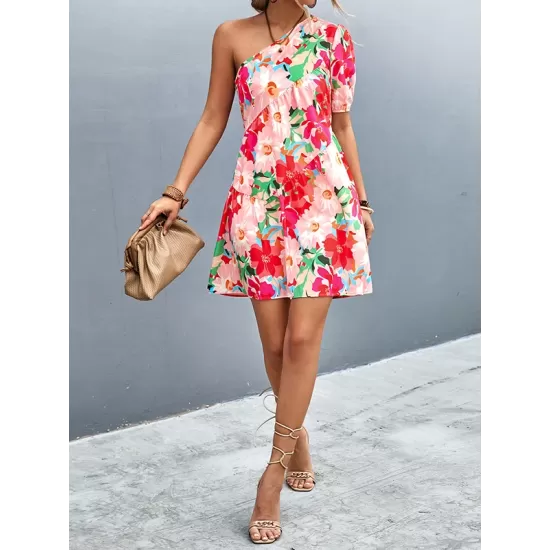 Flower Print Split-Joint A-Line Bishop Sleeve One-Shoulder Mini Dresses