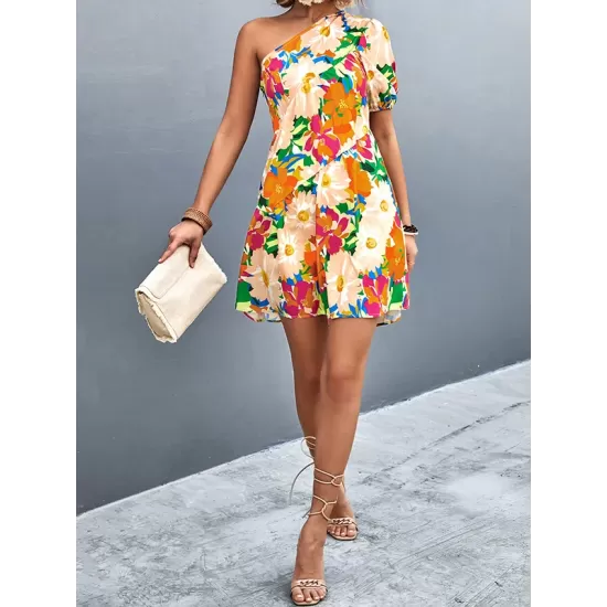 Flower Print Split-Joint A-Line Bishop Sleeve One-Shoulder Mini Dresses