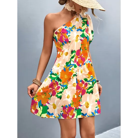 Flower Print Split-Joint A-Line Bishop Sleeve One-Shoulder Mini Dresses