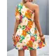 Flower Print Split-Joint A-Line Bishop Sleeve One-Shoulder Mini Dresses