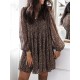 Buttoned Leopard Pleated Long Sleeves Loose V-Neck Mini Dresses