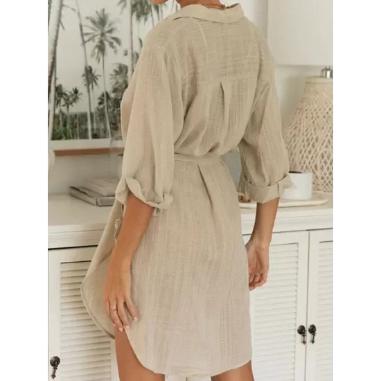 Buttoned Solid Color Split-Side Tied Waist High Waisted Long Sleeves V-Neck Mini Dresses