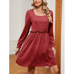 Pleated Solid Color A-Line Long Sleeves Square-Neck Mini Dresses