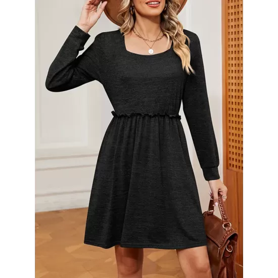 Pleated Solid Color A-Line Long Sleeves Square-Neck Mini Dresses