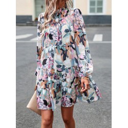 Printed Split-Joint Tied A-Line High Waisted Mock Neck Mini Dresses