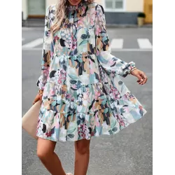 Printed Split-Joint Tied A-Line High Waisted Mock Neck Mini Dresses