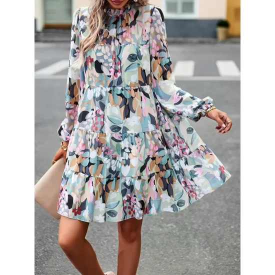 Printed Split-Joint Tied A-Line High Waisted Mock Neck Mini Dresses