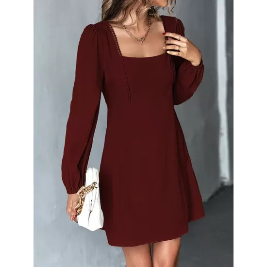 Solid Color Split-Joint A-Line High Waisted Square-Neck Mini Dresses