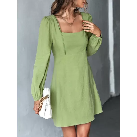 Solid Color Split-Joint A-Line High Waisted Square-Neck Mini Dresses