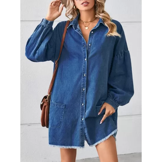 Buttoned Fringed Pleated Pockets Split-Joint Long Sleeves Loose Lapel Mini Dresses