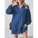 Buttoned Fringed Pleated Pockets Split-Joint Long Sleeves Loose Lapel Mini Dresses