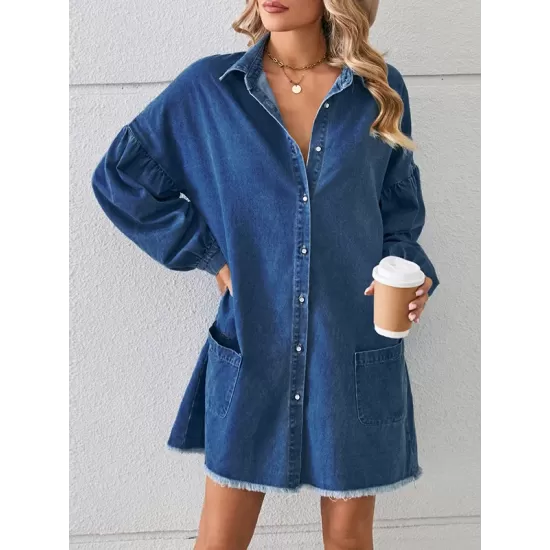 Buttoned Fringed Pleated Pockets Split-Joint Long Sleeves Loose Lapel Mini Dresses