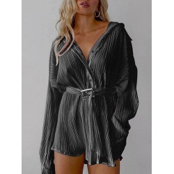 Buttoned Pleated Solid Color Tied Waist Long Sleeves Lapel Shirt Dress Mini Dresses