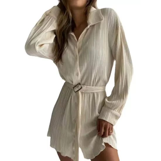 Buttoned Pleated Solid Color Tied Waist Long Sleeves Lapel Shirt Dress Mini Dresses