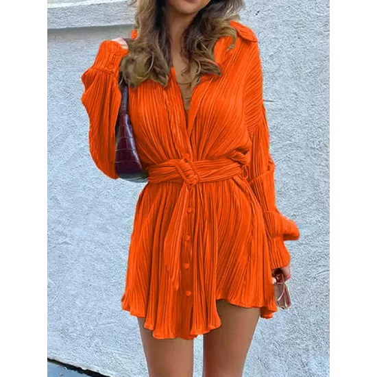 Buttoned Pleated Solid Color Tied Waist Long Sleeves Lapel Shirt Dress Mini Dresses