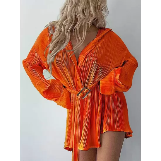 Buttoned Pleated Solid Color Tied Waist Long Sleeves Lapel Shirt Dress Mini Dresses