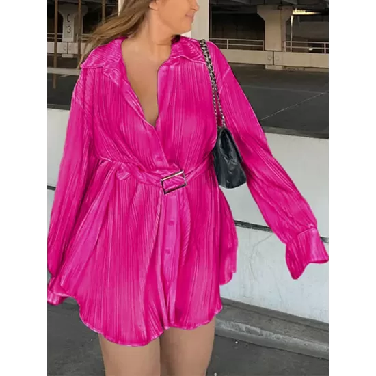 Buttoned Pleated Solid Color Tied Waist Long Sleeves Lapel Shirt Dress Mini Dresses