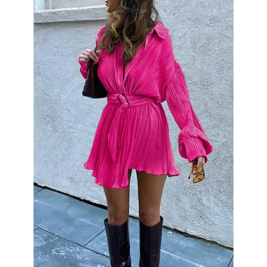 Buttoned Pleated Solid Color Tied Waist Long Sleeves Lapel Shirt Dress Mini Dresses