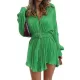 Buttoned Pleated Solid Color Tied Waist Long Sleeves Lapel Shirt Dress Mini Dresses