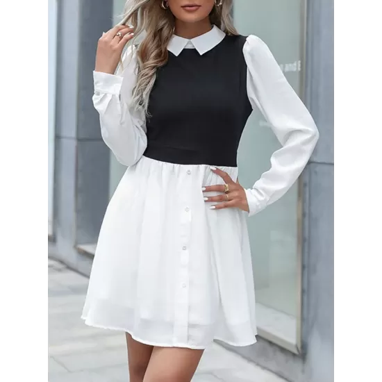 Buttoned Hollow Split-Joint A-Line High Waisted Lapel Mini Dresses