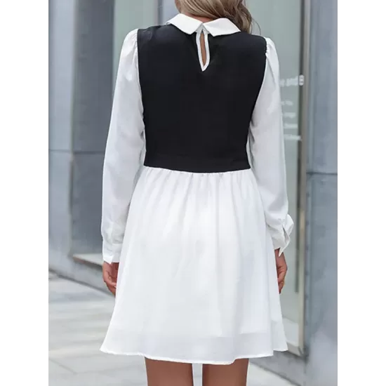 Buttoned Hollow Split-Joint A-Line High Waisted Lapel Mini Dresses