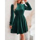 Hollow Ruffled Solid Color Velvet A-Line High Waisted Mock Neck Mini Dresses