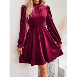 Hollow Ruffled Solid Color Velvet A-Line High Waisted Mock Neck Mini Dresses