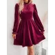 Hollow Ruffled Solid Color Velvet A-Line High Waisted Mock Neck Mini Dresses