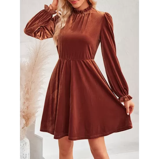 Hollow Ruffled Solid Color Velvet A-Line High Waisted Mock Neck Mini Dresses