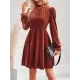 Hollow Ruffled Solid Color Velvet A-Line High Waisted Mock Neck Mini Dresses