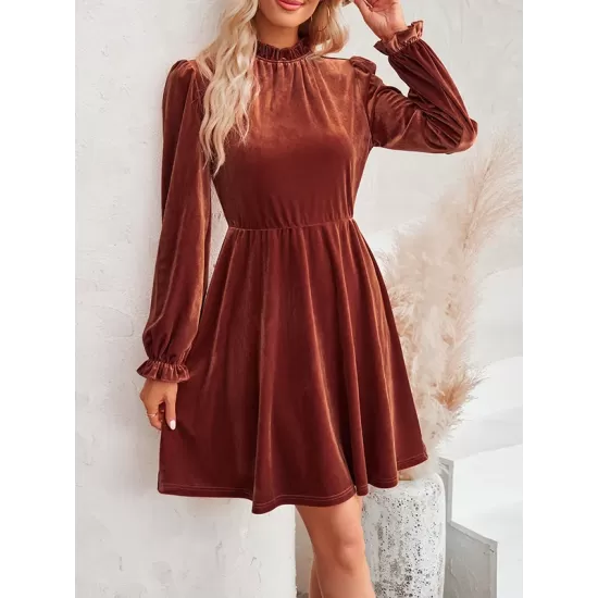 Hollow Ruffled Solid Color Velvet A-Line High Waisted Mock Neck Mini Dresses