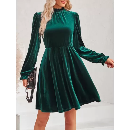 Hollow Ruffled Solid Color Velvet A-Line High Waisted Mock Neck Mini Dresses