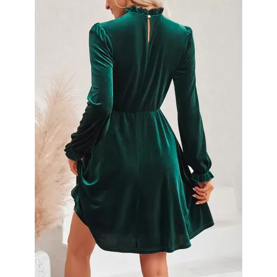 Hollow Ruffled Solid Color Velvet A-Line High Waisted Mock Neck Mini Dresses