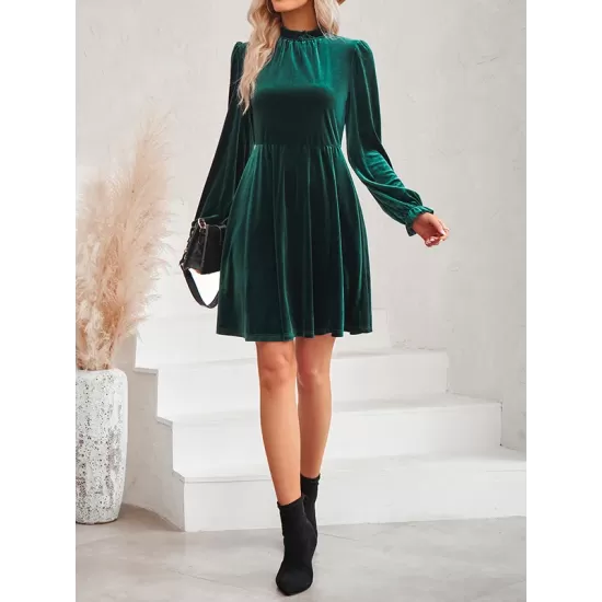 Hollow Ruffled Solid Color Velvet A-Line High Waisted Mock Neck Mini Dresses