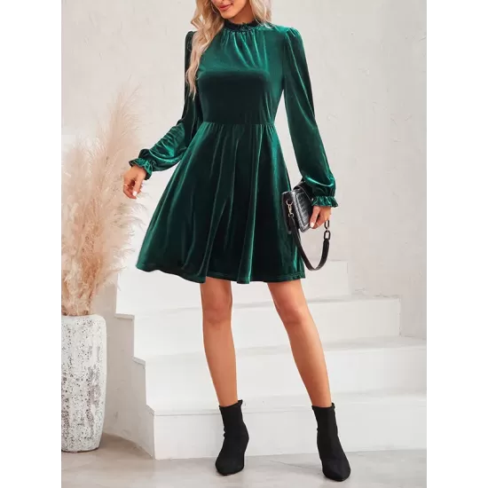 Hollow Ruffled Solid Color Velvet A-Line High Waisted Mock Neck Mini Dresses