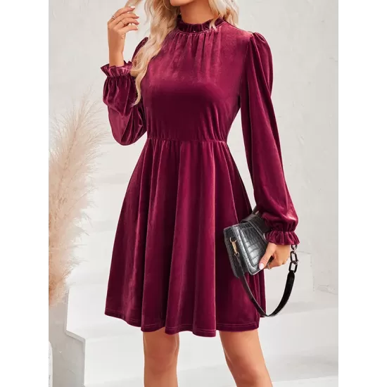 Hollow Ruffled Solid Color Velvet A-Line High Waisted Mock Neck Mini Dresses