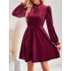 Hollow Ruffled Solid Color Velvet A-Line High Waisted Mock Neck Mini Dresses