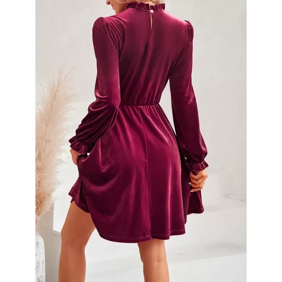 Hollow Ruffled Solid Color Velvet A-Line High Waisted Mock Neck Mini Dresses