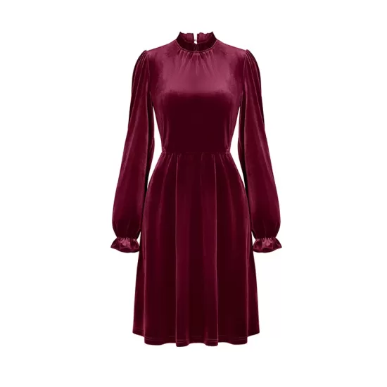 Hollow Ruffled Solid Color Velvet A-Line High Waisted Mock Neck Mini Dresses