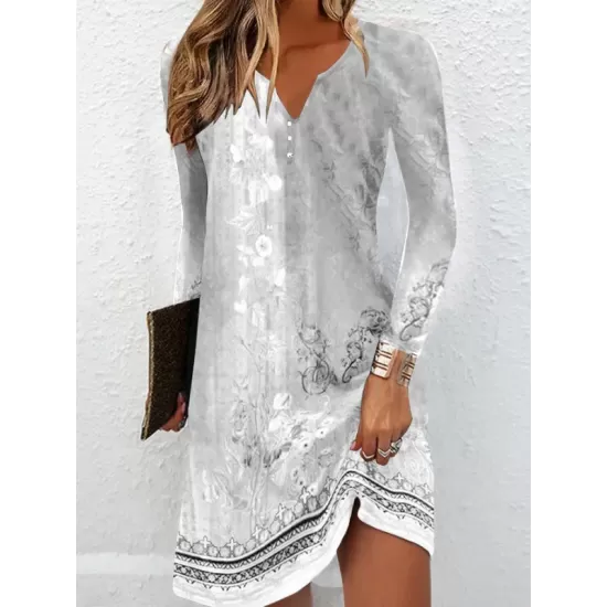 Floral Printed Long Sleeves Loose V-Neck Mini Dresses