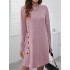 Asymmetric Buttoned Long Sleeves Loose Round-Neck Mini Dresses