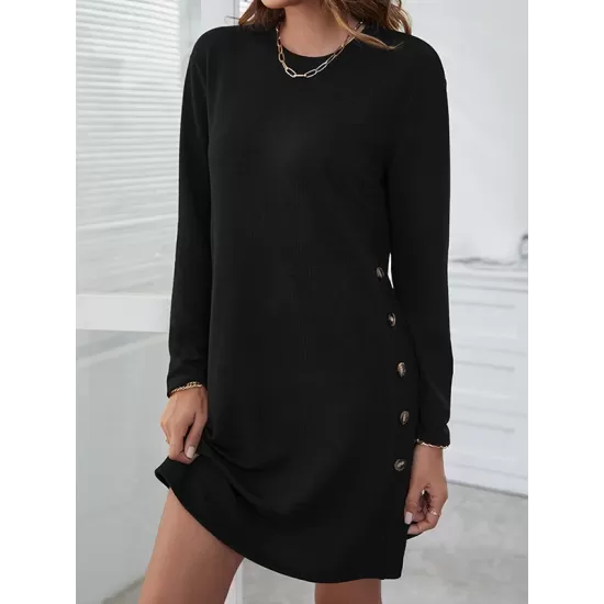 Asymmetric Buttoned Long Sleeves Loose Round-Neck Mini Dresses