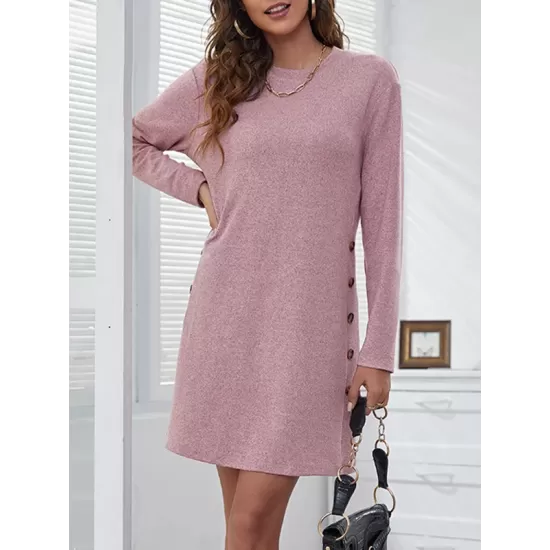 Asymmetric Buttoned Long Sleeves Loose Round-Neck Mini Dresses