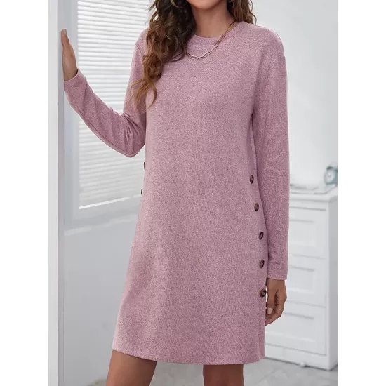 Asymmetric Buttoned Long Sleeves Loose Round-Neck Mini Dresses