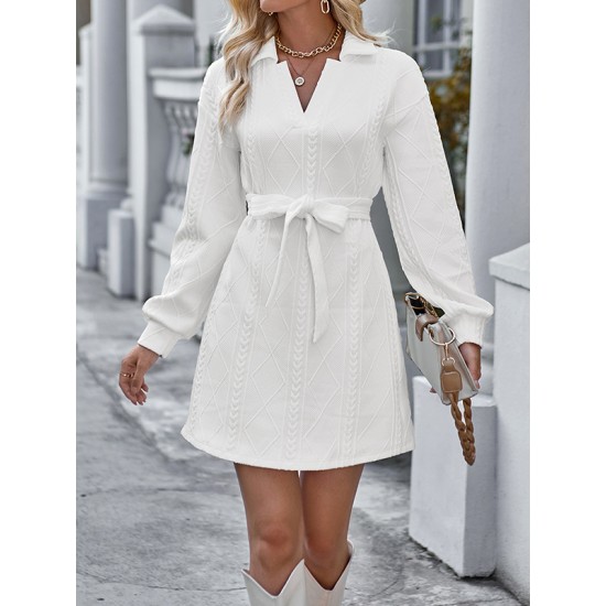 Jacquard Solid Color Tied Waist Long Sleeves V-neck Mini Dresses