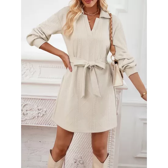 Jacquard Solid Color Tied Waist Long Sleeves V-neck Mini Dresses