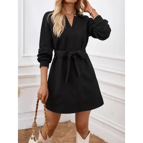 Jacquard Solid Color Tied Waist Long Sleeves V-neck Mini Dresses