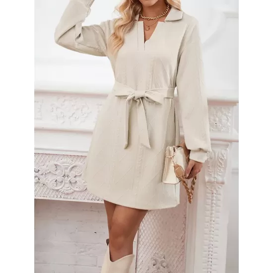 Jacquard Solid Color Tied Waist Long Sleeves V-neck Mini Dresses